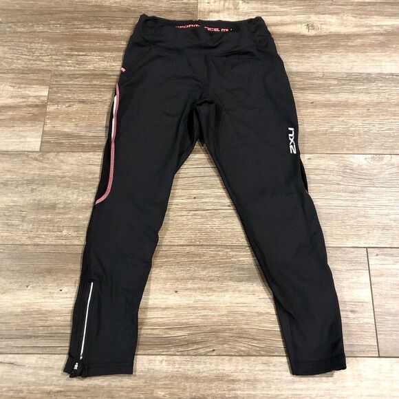 2XU Compression Leggings Small Black Pink Stitch Pocket Zipper Ankles Drawstring - Picture 2 of 12